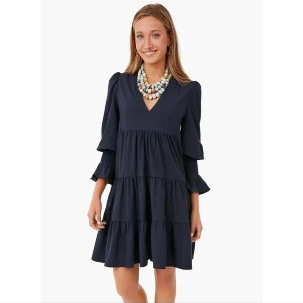 Pomander Place Tuckernuck Navy Blue Crepe Kenzo V-Neck Dress Size XS Long Sleeve